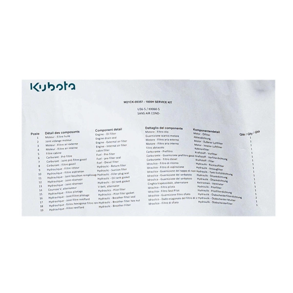 Zestaw serwisowy Kubota U56-5, KX060-5 1000H W21CK00357